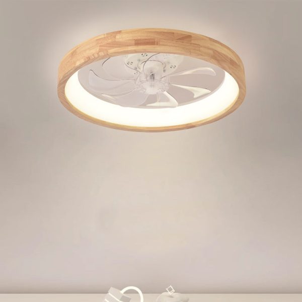 Traditional Japanese Solid Wood Iron Acrylic ABS Round Hollowed LED Flush Mount Ceiling Fan Light For Bedroom - Image 3