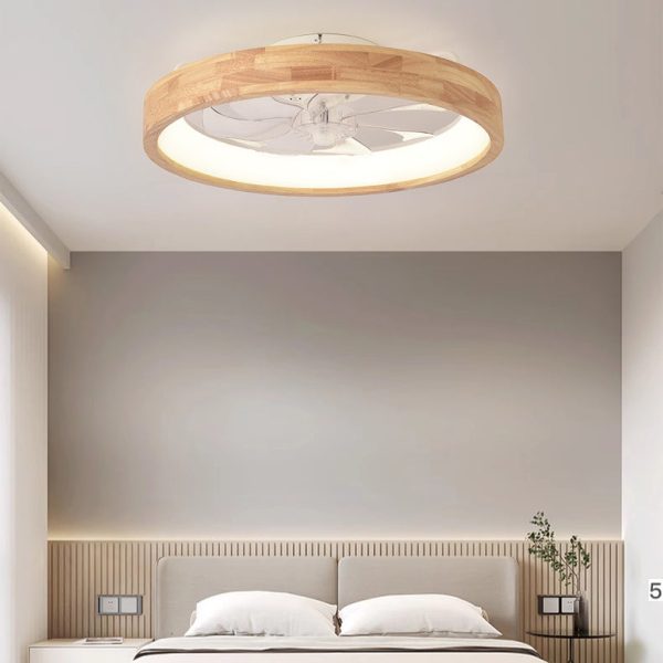 Traditional Japanese Solid Wood Iron Acrylic ABS Round Hollowed LED Flush Mount Ceiling Fan Light For Bedroom - Image 4