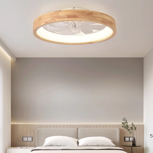 Traditional Japanese Solid Wood Iron Acrylic ABS Round Hollowed LED Flush Mount Ceiling Fan Light For Bedroom - Image 15
