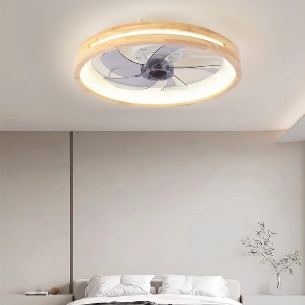 Traditional Japanese Solid Wood Iron Acrylic ABS Round Hollowed LED Flush Mount Ceiling Fan Light For Bedroom - Image 2