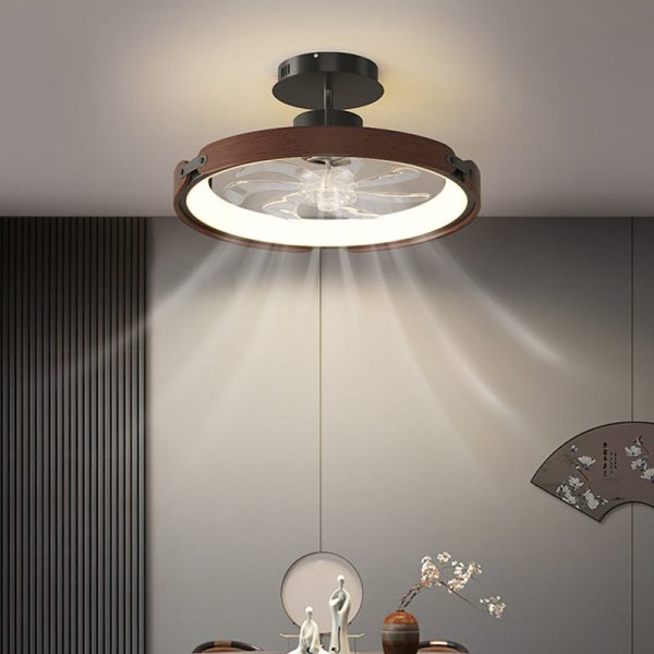Contemporary Scandinavian Wood Acrylic PC Round LED Downrods Ceiling Fan Light For Dining Room - Image 5