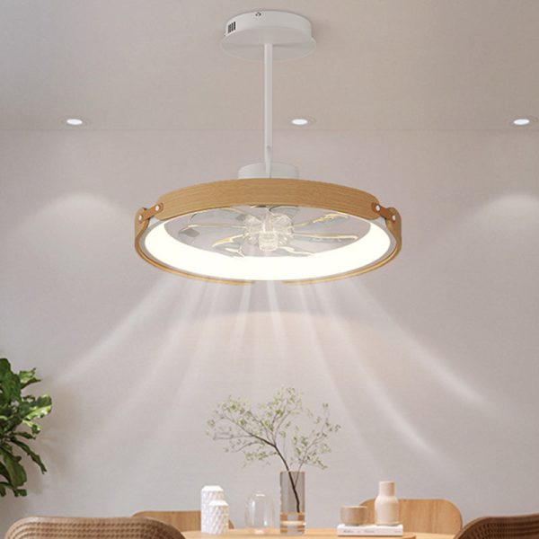 Contemporary Scandinavian Wood Acrylic PC Round LED Downrods Ceiling Fan Light For Dining Room - Image 4
