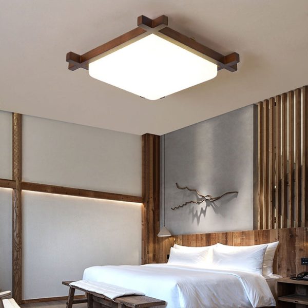 Traditional Japanese Square Rubber Wood Acrylic LED Flush Mount Ceiling Light For Bedroom - Image 2
