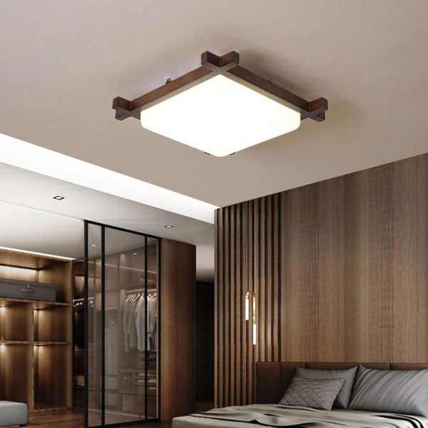 Traditional Japanese Square Rubber Wood Acrylic LED Flush Mount Ceiling Light For Bedroom - Image 17