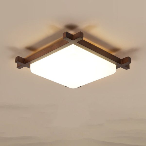 Traditional Japanese Square Rubber Wood Acrylic LED Flush Mount Ceiling Light For Bedroom - Image 14