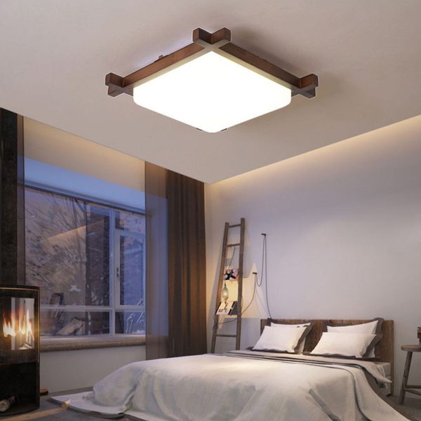 Traditional Japanese Square Rubber Wood Acrylic LED Flush Mount Ceiling Light For Bedroom - Image 4