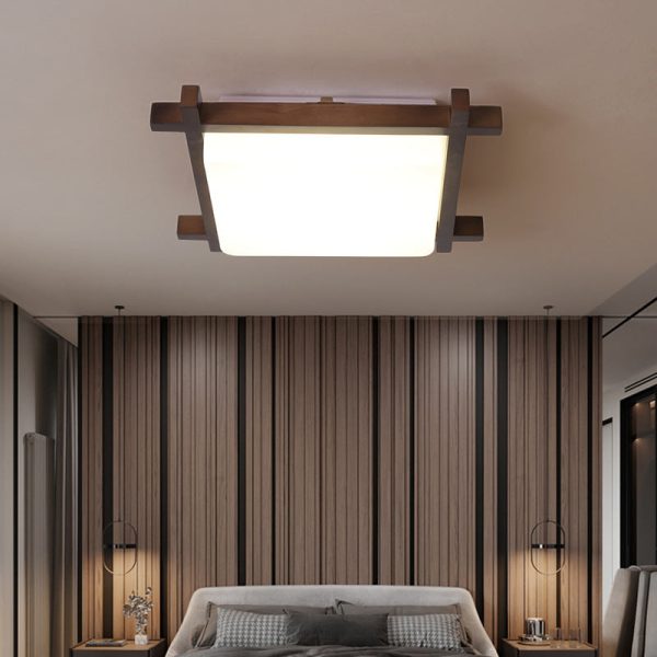 Traditional Japanese Square Rubber Wood Acrylic LED Flush Mount Ceiling Light For Bedroom - Image 3