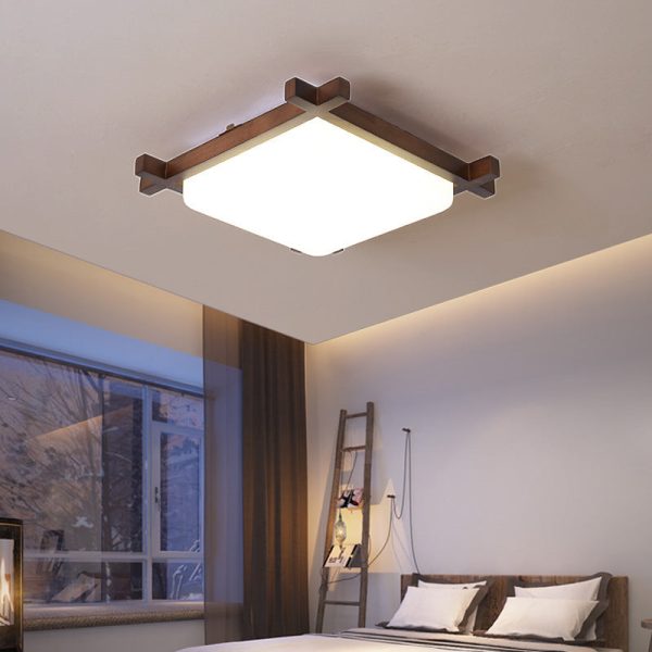 Traditional Japanese Square Rubber Wood Acrylic LED Flush Mount Ceiling Light For Bedroom - Image 6