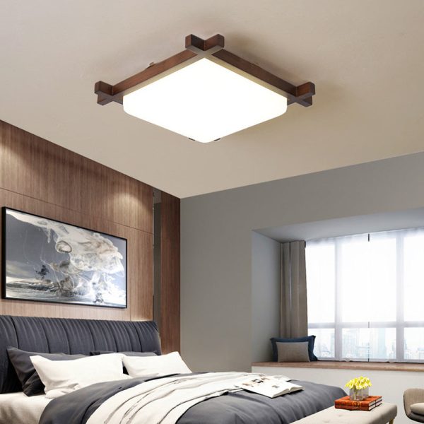 Traditional Japanese Square Rubber Wood Acrylic LED Flush Mount Ceiling Light For Bedroom - Image 11