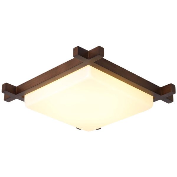 Traditional Japanese Square Rubber Wood Acrylic LED Flush Mount Ceiling Light For Bedroom - Image 18