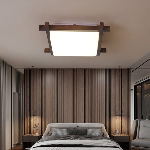 Traditional Japanese Square Rubber Wood Acrylic LED Flush Mount Ceiling Light For Bedroom - Image 5