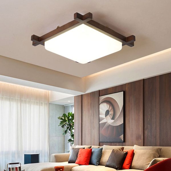 Traditional Japanese Square Rubber Wood Acrylic LED Flush Mount Ceiling Light For Bedroom - Image 12
