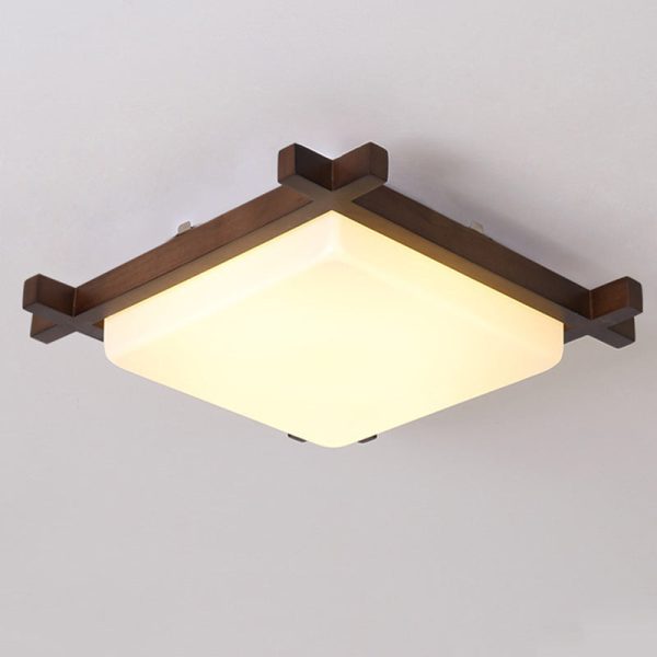 Traditional Japanese Square Rubber Wood Acrylic LED Flush Mount Ceiling Light For Bedroom - Image 15