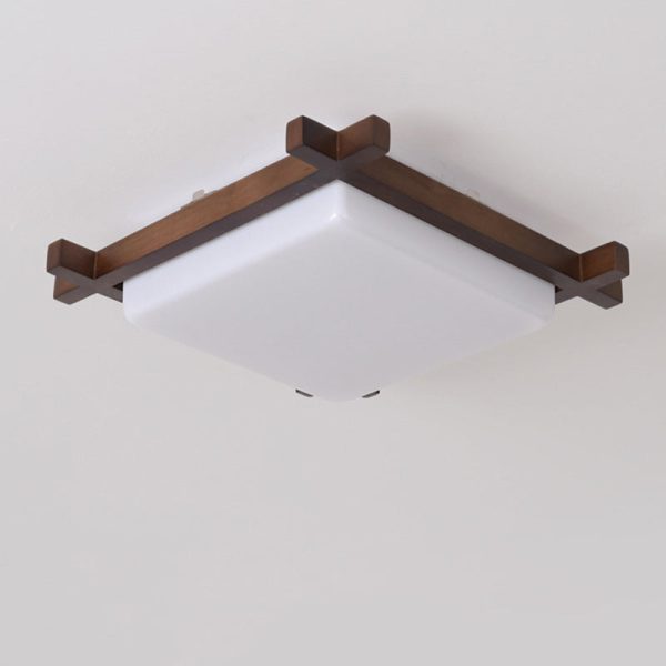 Traditional Japanese Square Rubber Wood Acrylic LED Flush Mount Ceiling Light For Bedroom - Image 16