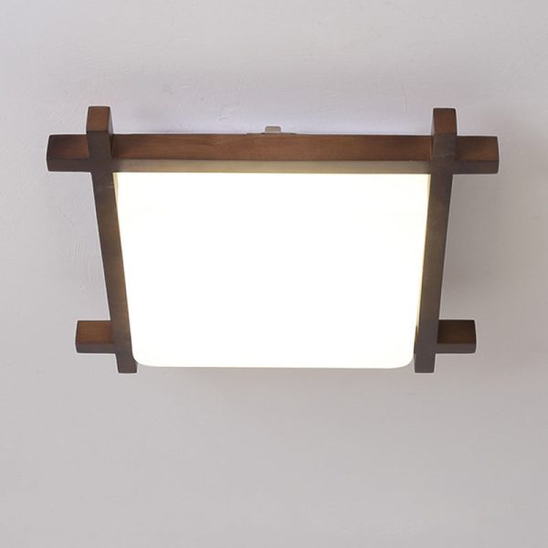 Traditional Japanese Square Rubber Wood Acrylic LED Flush Mount Ceiling Light For Bedroom - Image 13