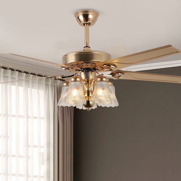 Traditional European Bell Floral Iron Wood PVC Glass 5-Light Downrods Ceiling Fan Light For Living Room - Image 2