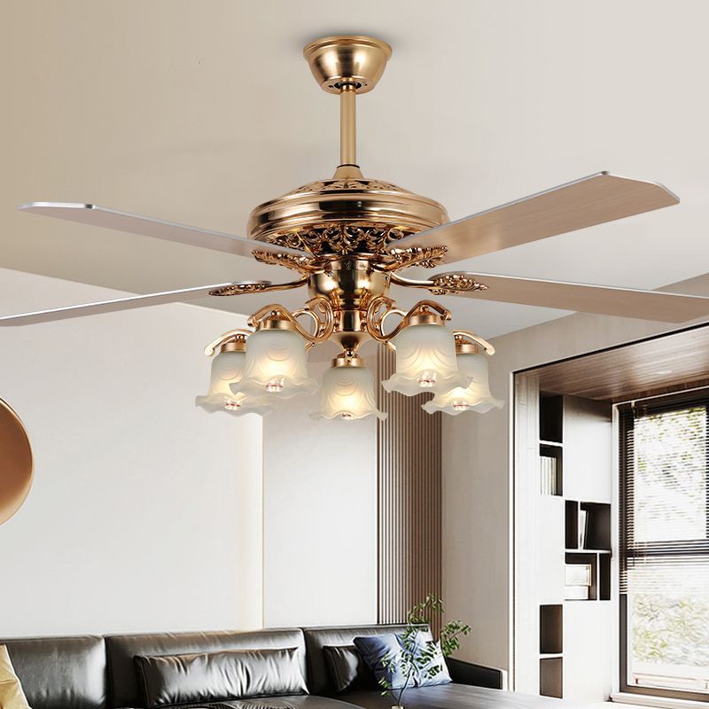 BS-Lighting-LX02003-1-659e4980-5ad5-4726-9e51-de0cee87d20d.jpg Traditional European Bell Floral Iron Wood PVC Glass 5-Light Downrods Ceiling Fan Light For Living Room - Image 1