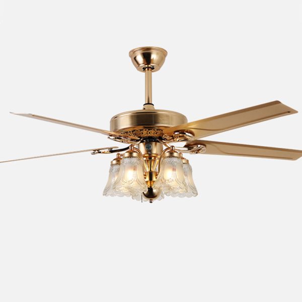 Traditional European Bell Floral Iron Wood PVC Glass 5-Light Downrods Ceiling Fan Light For Living Room - Image 23