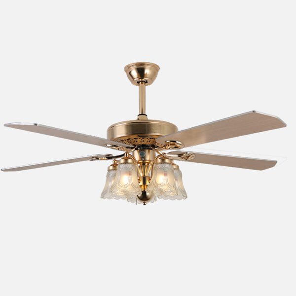 Traditional European Bell Floral Iron Wood PVC Glass 5-Light Downrods Ceiling Fan Light For Living Room - Image 19