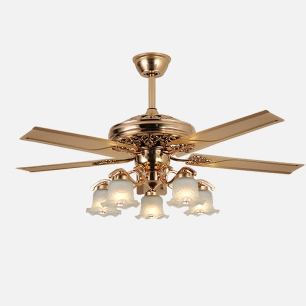 Traditional European Bell Floral Iron Wood PVC Glass 5-Light Downrods Ceiling Fan Light For Living Room - Image 20