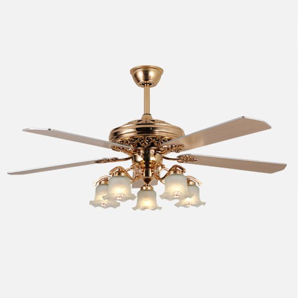 Traditional European Bell Floral Iron Wood PVC Glass 5-Light Downrods Ceiling Fan Light For Living Room - Image 22