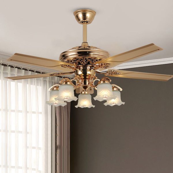 Traditional European Bell Floral Iron Wood PVC Glass 5-Light Downrods Ceiling Fan Light For Living Room - Image 4