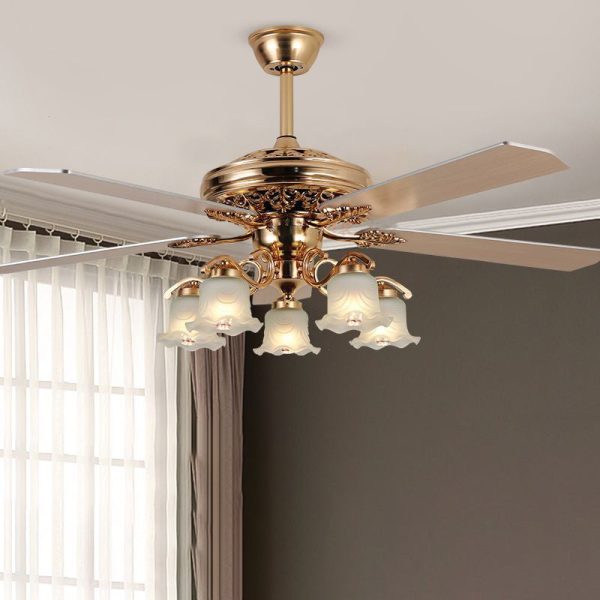 Traditional European Bell Floral Iron Wood PVC Glass 5-Light Downrods Ceiling Fan Light For Living Room - Image 5