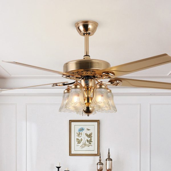 Traditional European Bell Floral Iron Wood PVC Glass 5-Light Downrods Ceiling Fan Light For Living Room - Image 17