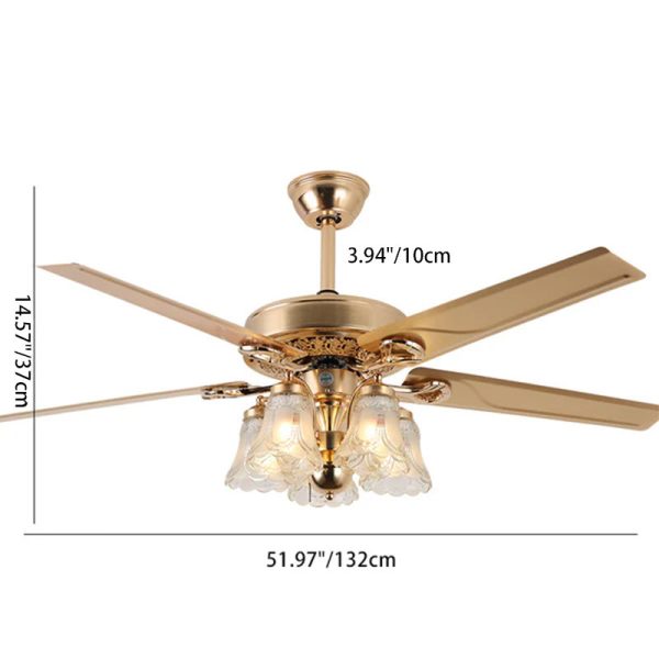 Traditional European Bell Floral Iron Wood PVC Glass 5-Light Downrods Ceiling Fan Light For Living Room - Image 10