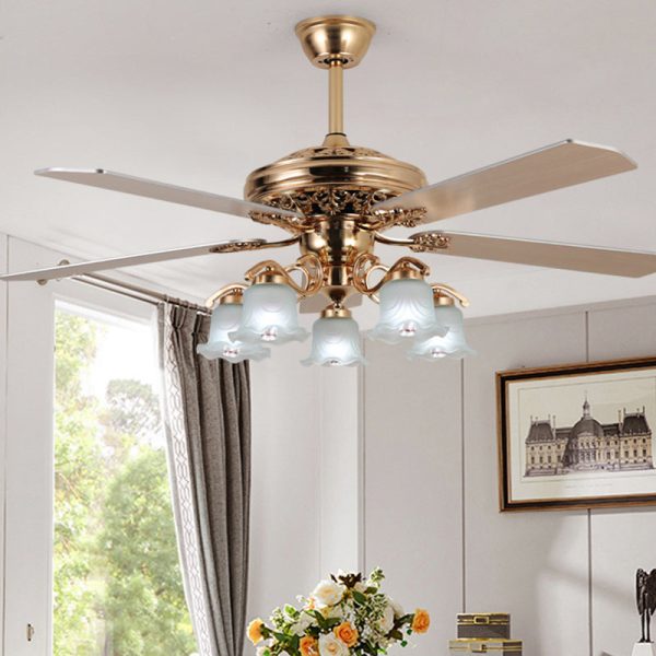 Traditional European Bell Floral Iron Wood PVC Glass 5-Light Downrods Ceiling Fan Light For Living Room - Image 18