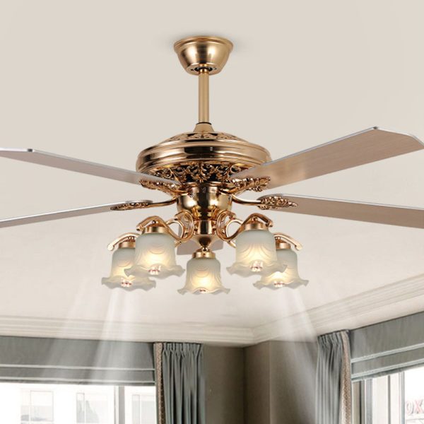 Traditional European Bell Floral Iron Wood PVC Glass 5-Light Downrods Ceiling Fan Light For Living Room - Image 16
