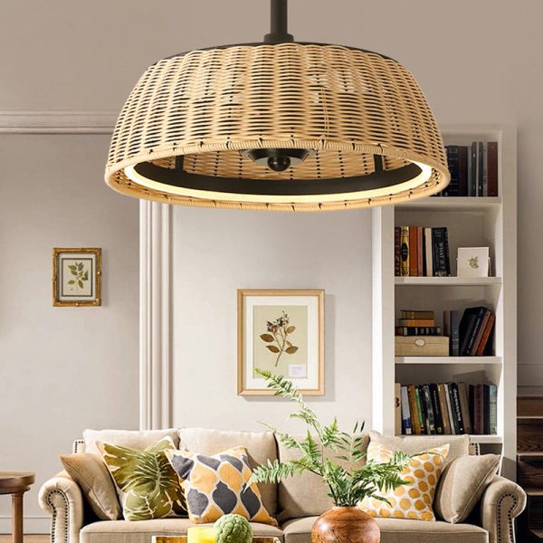 Traditional Rustic Iron Aluminum ABS Rattan Weaving Round LED Downrods Ceiling Fan Light For Dining Room - Image 5
