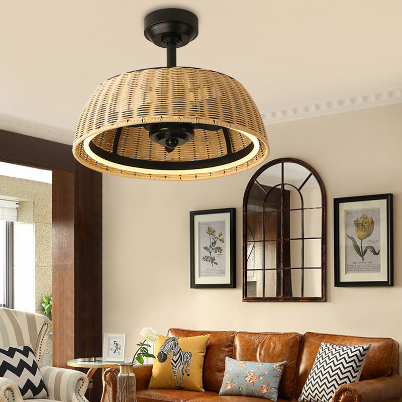 BS-Lighting-LX02004-1.jpg Traditional Rustic Iron Aluminum ABS Rattan Weaving Round LED Downrods Ceiling Fan Light For Dining Room - Image 1