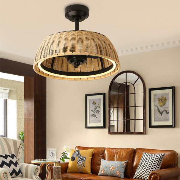 Traditional Rustic Iron Aluminum ABS Rattan Weaving Round LED Downrods Ceiling Fan Light For Dining Room - Image 4