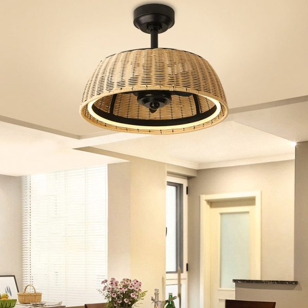 Traditional Rustic Iron Aluminum ABS Rattan Weaving Round LED Downrods Ceiling Fan Light For Dining Room - Image 6