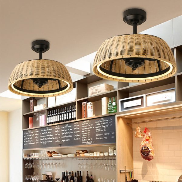 Traditional Rustic Iron Aluminum ABS Rattan Weaving Round LED Downrods Ceiling Fan Light For Dining Room - Image 2