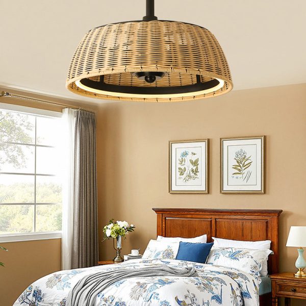 Traditional Rustic Iron Aluminum ABS Rattan Weaving Round LED Downrods Ceiling Fan Light For Dining Room - Image 12