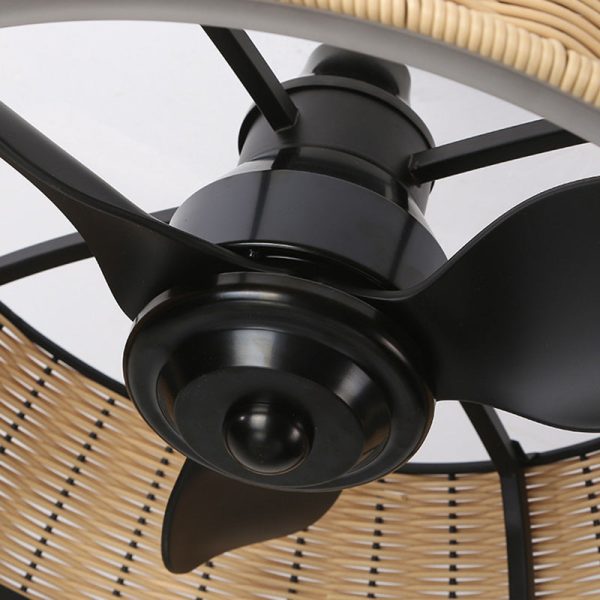 Traditional Rustic Iron Aluminum ABS Rattan Weaving Round LED Downrods Ceiling Fan Light For Dining Room - Image 10