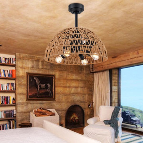 Contemporary Industrial Iron ABS Hemp Rope Weaving Dome 4-Light Downrods Ceiling Fan Light For Dining Room - Image 2
