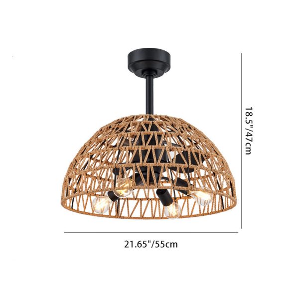 Contemporary Industrial Iron ABS Hemp Rope Weaving Dome 4-Light Downrods Ceiling Fan Light For Dining Room - Image 6