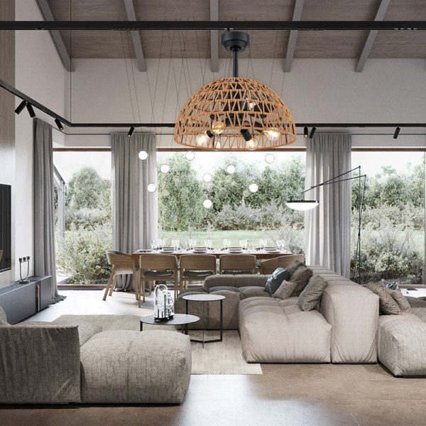 Contemporary Industrial Iron ABS Hemp Rope Weaving Dome 4-Light Downrods Ceiling Fan Light For Dining Room - Image 3