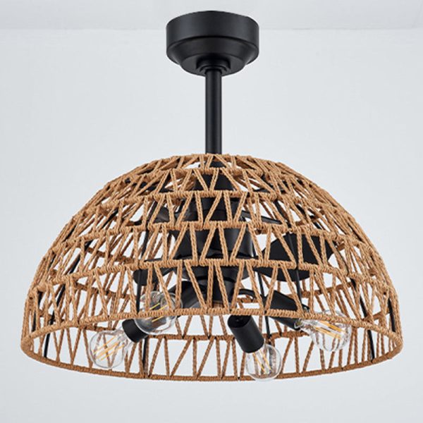 Contemporary Industrial Iron ABS Hemp Rope Weaving Dome 4-Light Downrods Ceiling Fan Light For Dining Room - Image 5