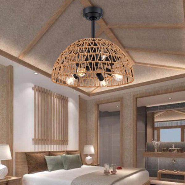 Contemporary Industrial Iron ABS Hemp Rope Weaving Dome 4-Light Downrods Ceiling Fan Light For Dining Room - Image 12