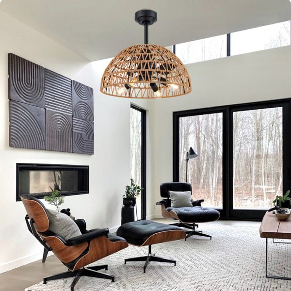 Contemporary Industrial Iron ABS Hemp Rope Weaving Dome 4-Light Downrods Ceiling Fan Light For Dining Room - Image 4