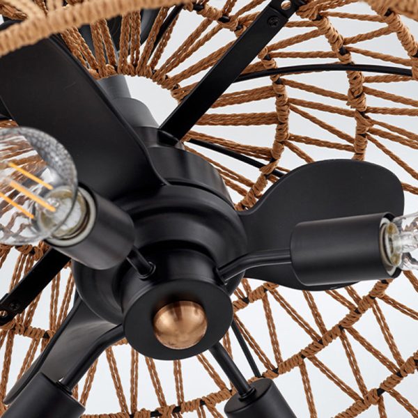 Contemporary Industrial Iron ABS Hemp Rope Weaving Dome 4-Light Downrods Ceiling Fan Light For Dining Room - Image 8