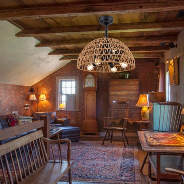 Contemporary Industrial Iron ABS Hemp Rope Weaving Dome 4-Light Downrods Ceiling Fan Light For Dining Room - Image 13