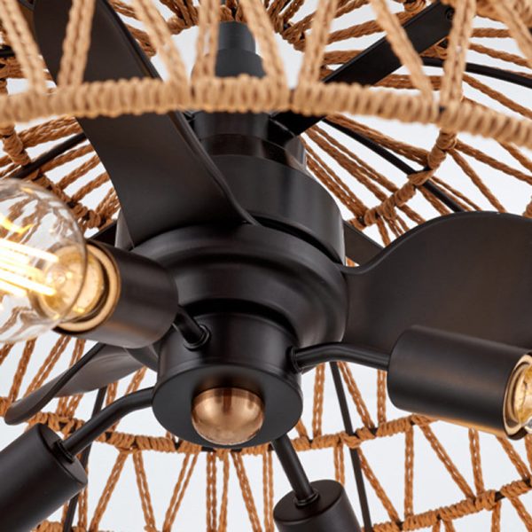 Contemporary Industrial Iron ABS Hemp Rope Weaving Dome 4-Light Downrods Ceiling Fan Light For Dining Room - Image 9