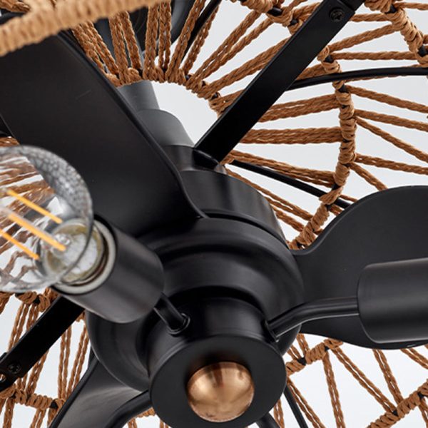 Contemporary Industrial Iron ABS Hemp Rope Weaving Dome 4-Light Downrods Ceiling Fan Light For Dining Room - Image 11