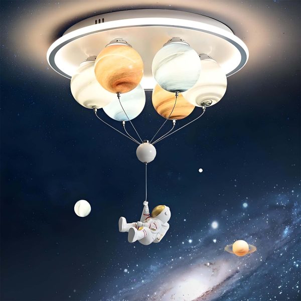Contemporary Creative Kids Planet Space Hot Air Balloon Astronaut Iron Resin Glass 6-Light LED Semi-Flush Mount Ceiling Light For Bedroom - Image 2