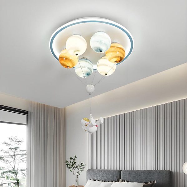 Contemporary Creative Kids Planet Space Hot Air Balloon Astronaut Iron Resin Glass 6-Light LED Semi-Flush Mount Ceiling Light For Bedroom - Image 5